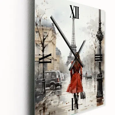 Design Art Lady In Red Vintage Paris Watercolor - City Paris Vintage Wall Clock
