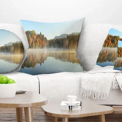 Design Art Lake Autumn Foliage Fog Panorama - Sea & Shore Printed Pillow In Green;orange