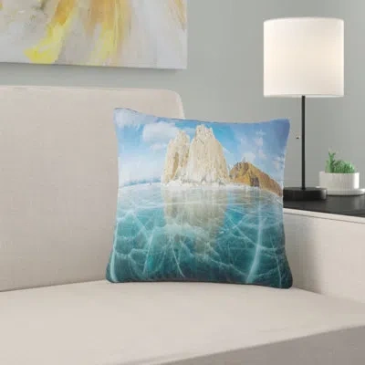 Design Art Lake Baikal Ice And Rocks Panorama - Sea & Shore Printed Pillow In Blue;white