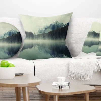 Design Art Lake Herbert In Foggy Morning - Sea & Shore Printed Pillow In Blue;black;brown;green;red;yellow