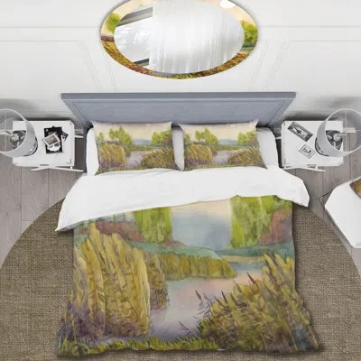 Design Art Lake In The Reeds - Nautical & Coastal Duvet Cover Set - Microfiber Polyester In Green