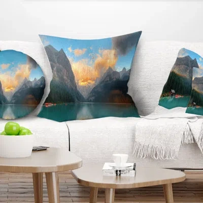 Design Art Lake Louise Sunrise Banff Park - Sea & Shore Printed Pillow In Blue;black;brown;green;red;yellow