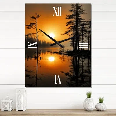 Design Art Lake Misty Morning Reflections Ii - Cottage Wall Clock Oversized In Yellow