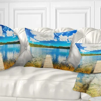 Design Art Lake With Pier Panorama - Landscape Printed Throw Pillow In Blue;yellow