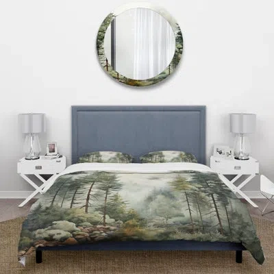 Design Art Landscape Bedding Set Of 4 - Pine Tree Misty Morning Ii Comforter Bedding Set In Green
