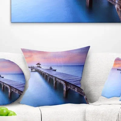 Design Art Landscape Blue Wooden Bridge - Sea & Shore Printed Pillow In Blue;purple