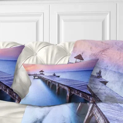 Design Art Landscape Blue Wooden Bridge - Sea & Shore Printed Throw Pillow