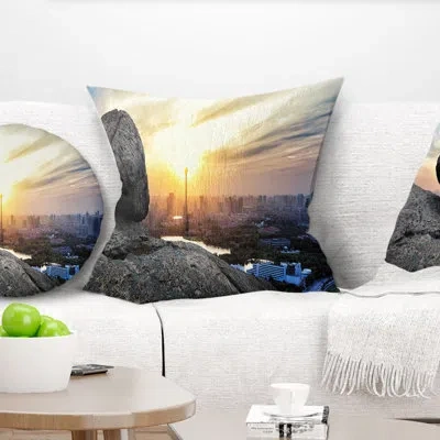 Design Art Landscape Buildings And Crag On Rock Panorama Pillow In Blue;black;brown;green;red;yellow