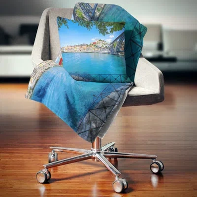 Design Art Landscape Douro River And Iron Bridge Portugal Printed Pillow In Blue