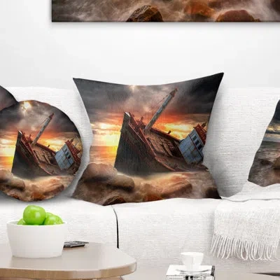 Design Art Landscape Fishing Boat Beached - Sea & Shore Printed Throw Pillow In Gray;orange