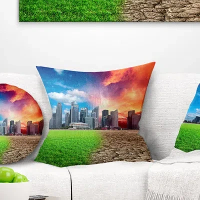 Design Art Landscape Global Warming - Cityscape Printed Pillow In Blue;red