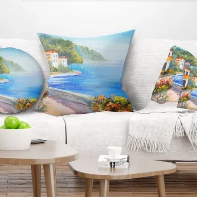 Design Art Landscape House Near Blue Sea - Sea & Shore Printed Pillow