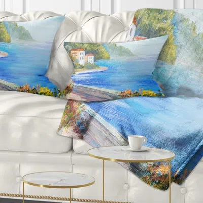 Design Art Landscape House Near Blue Sea - Sea & Shore Printed Throw Pillow
