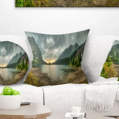 Design Art Landscape Mountain Chalet At Sunset Panorama Pillow In Green;orange