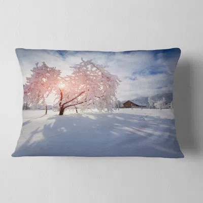 Design Art Landscape Photo Winter In Carpathian Village Lumbar Pillow In Blue