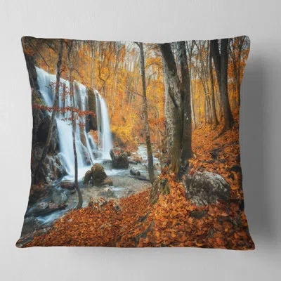 Design Art Landscape Photography Autumn Mountain Waterfall Close View Throw Pillow In Orange