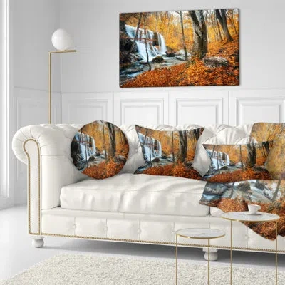 Design Art Landscape Photography Autumn Mountain Waterfall Close View Throw Pillow In Orange