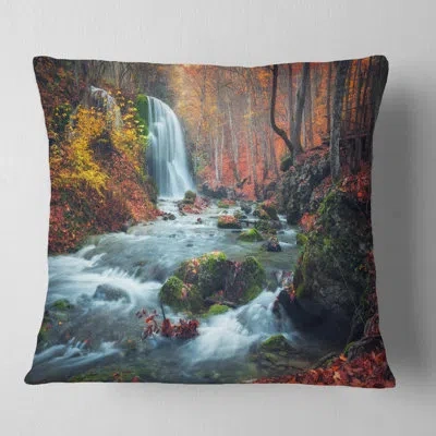 Design Art Landscape Photography Autumn Mountain Waterfall Long View Throw Pillow In Orange