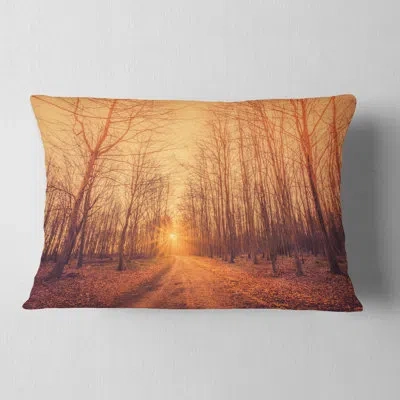 Design Art Landscape Photography Forest Road Into Sunrise Lumbar Pillow In Yellow