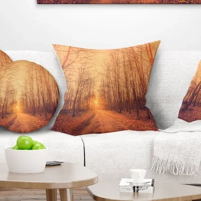 Design Art Landscape Photography Forest Road Into Sunrise Throw Pillow In Yellow