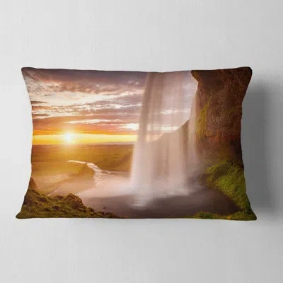 Design Art Landscape Photography Seljalandsfoss Waterfall At Sunset Throw Pillow In Yellow