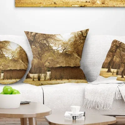 Design Art Landscape Printed Beautiful Rural African Huts Throw Pillow In Green