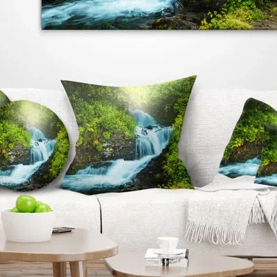 Design Art Landscape Printed Creek In Rain Forest Throw Pillow In Blue;green