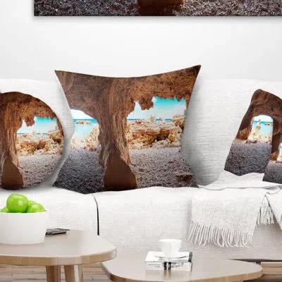 Design Art Landscape Printed Denia Las Rotas Beach Caves Pillow In Blue;white