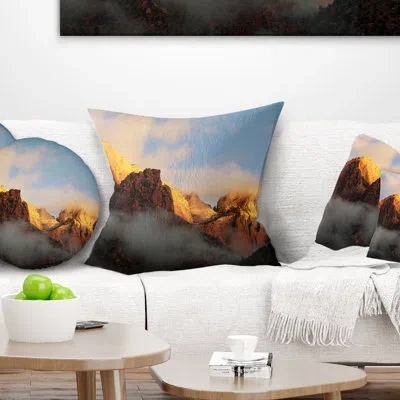 Design Art Landscape Printed Foggy Hills In Zion National Park Throw Pillow In Blue