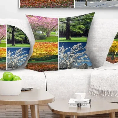 Design Art Landscape Printed Four Seasons Trees Collage Pillow In Blue;black;brown;green;red;yellow
