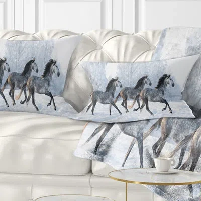 Design Art Landscape Printed Herd Of Horses Run Across Snow Lumbar Pillow