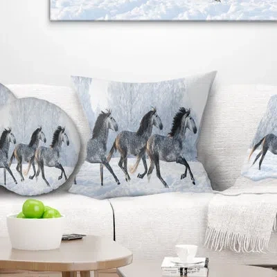 Design Art Landscape Printed Herd Of Horses Run Across Snow Pillow In Red