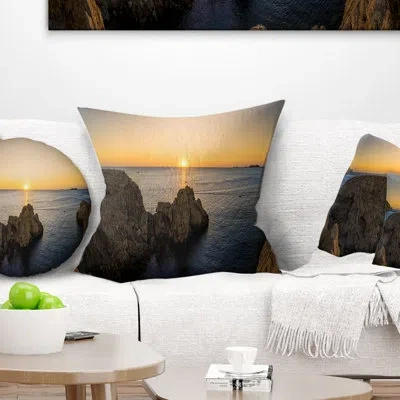 Design Art Landscape Printed Ibiza Island Mediterranean Sunset Pillow In Blue