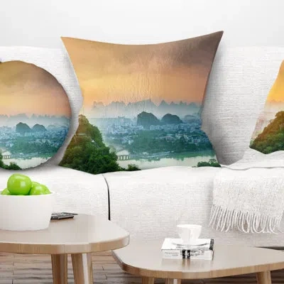 Design Art Landscape Printed Li River And Karst Mountains Pillow In Blue;black;brown;green;red;yellow