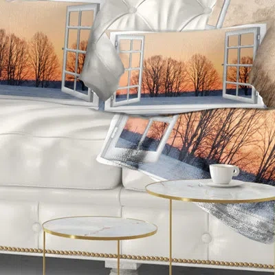 Design Art Landscape Printed Open Window To Snowy Sunset Lumbar Pillow