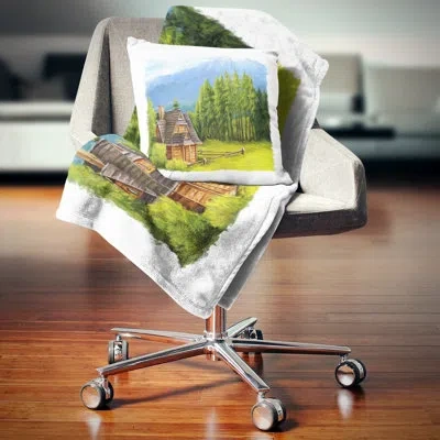 Design Art Landscape Printed Small Wooden Home In Mountains Pillow In Blue;black;brown;green;red;yellow