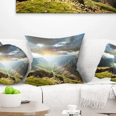 Design Art Landscape Printed Stunning View Of Sunset In Mountains Throw Pillow In Green