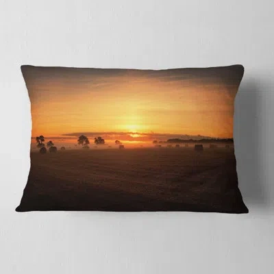 Design Art Landscape Printed Sunrise At Farmland Bales Throw Pillow