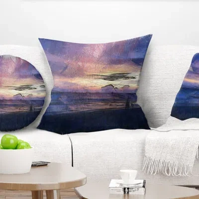 Design Art Landscape Printed Sunset Over Sea Watercolor Pillow In Blue