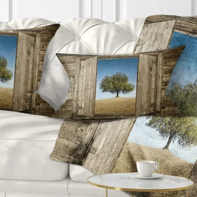 Design Art Landscape Printed Window Open To Solitary Tree Lumbar Pillow