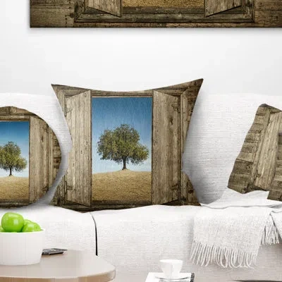 Design Art Landscape Printed Window Open To Solitary Tree Pillow In Brown