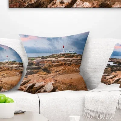 Design Art Landscape Remote Lighthouse On The Rocks Printed Pillow In Blue;orange