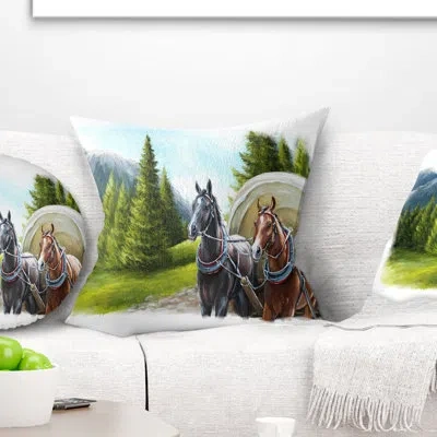 Design Art Landscape Road In Mountains With Horses Printed Pillow In Blue;black;brown;green;red;yellow