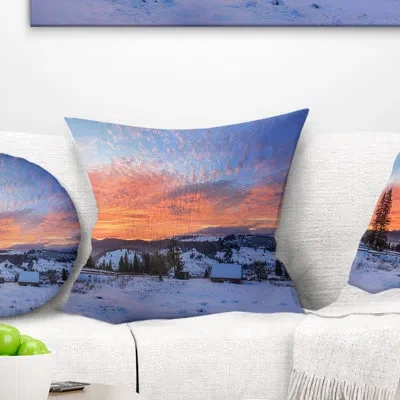 Design Art Landscape Snowy Colorful Dawn In Mountains Printed Pillow In Red;orange