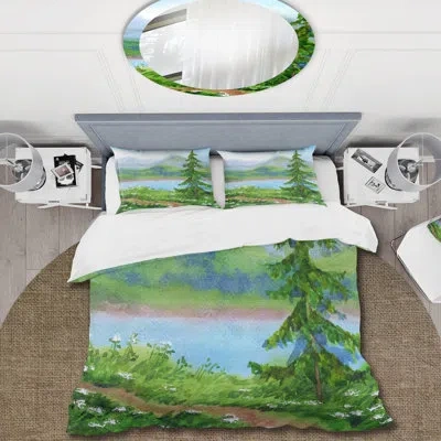 Design Art Landscape Spruce Near The Trail On A Hill - Traditional Duvet Cover Set - Microfiber Polyester In Blue;green