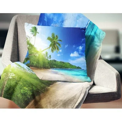 Design Art Landscape Sunset Beach With Palm Photography Pillow In Blue;green