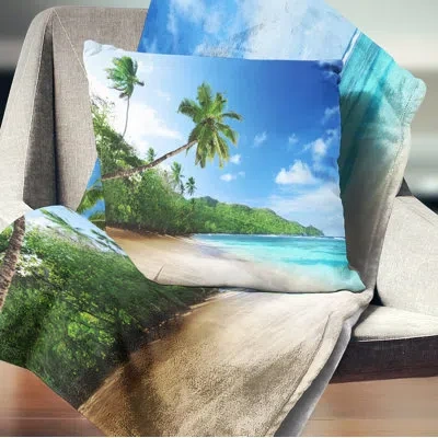 Design Art Landscape Sunset Beach With Palm - Sea & Shore Printed Pillow In White;green