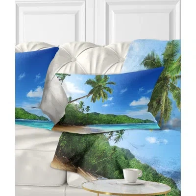 Design Art Landscape Sunset Beach With Palm - Sea & Shore Printed Throw Pillow