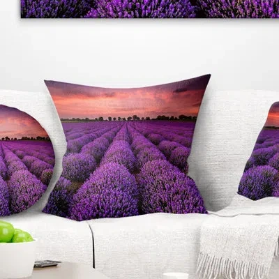 Design Art Landscape Sunset Over Lavender Field Printed Pillow In Red