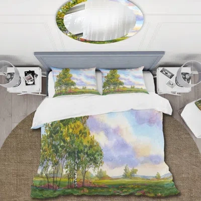 Design Art Landscape The Trees In The Evening Field - Traditional Duvet Cover Set - Microfiber Polyester In Blue;green